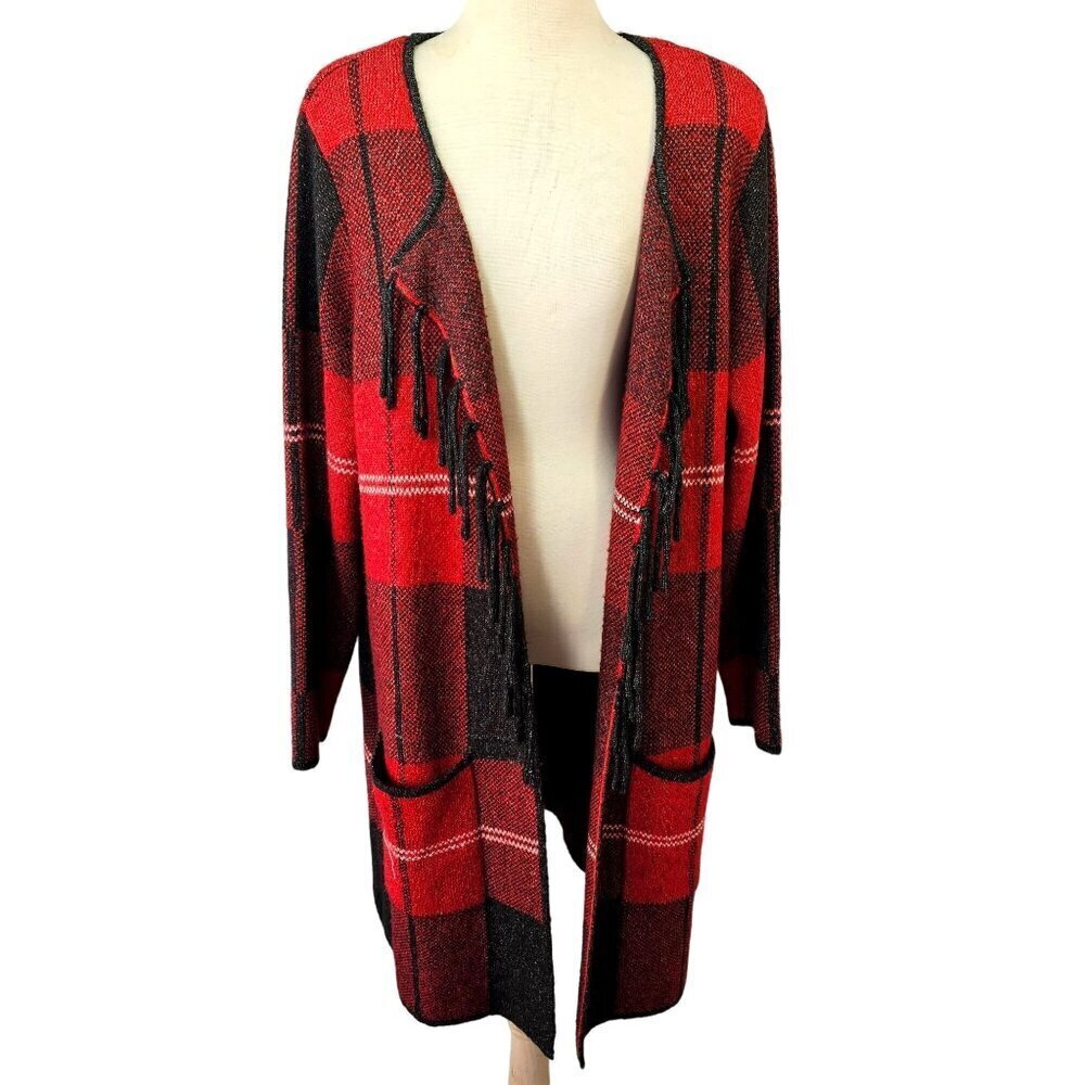 Adrienne Vittadini Long Open Cardigan Womens 2X Sweater Fringed Black Red Plaid